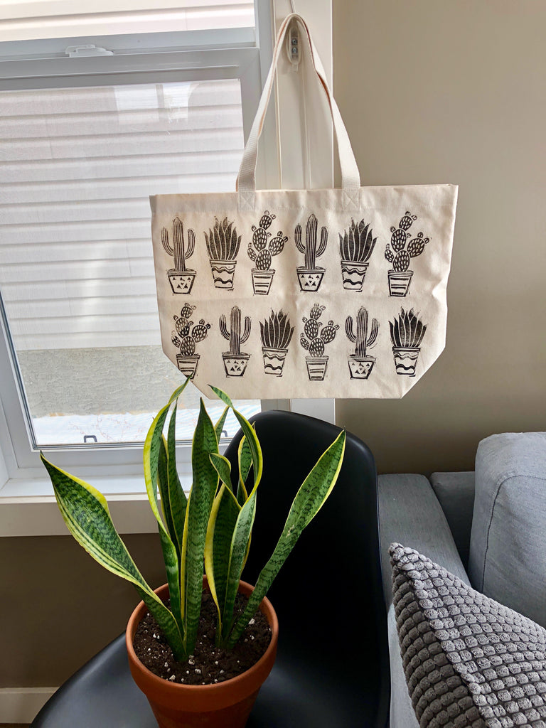 Cactus Hand Printed Tote Bag (ECO-FRIENDLY, VEGAN, ZERO-WASTE, HAND-MADE)