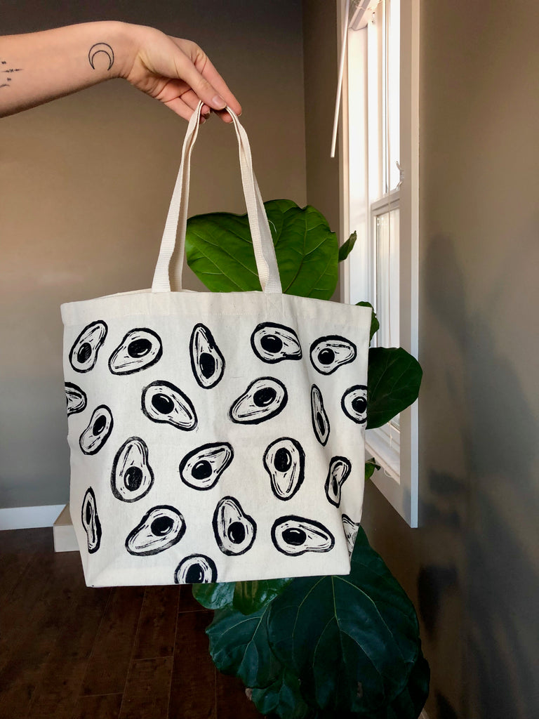 Avocado Hand Printed Tote Bag (ECO-FRIENDLY, VEGAN, ZERO-WASTE, HAND-MADE)