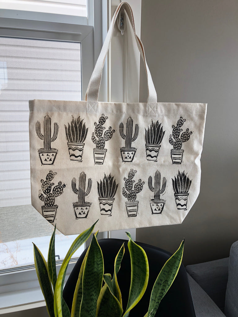 Cactus Hand Printed Tote Bag (ECO-FRIENDLY, VEGAN, ZERO-WASTE, HAND-MADE)